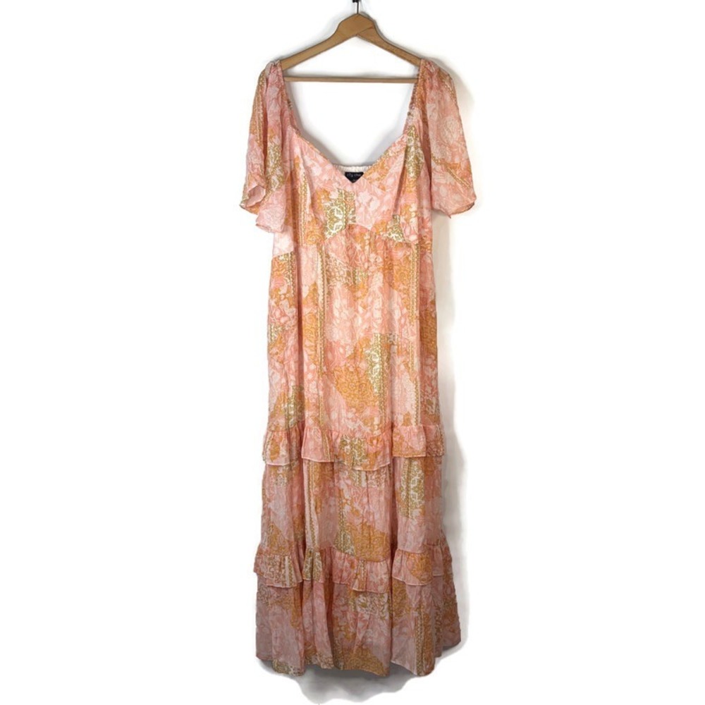 City Chic Maxi Dress Womens XL Pink Orange Floral Paisley Tiered Flutter Sleeve